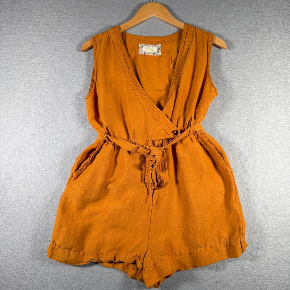 Maeve Anthropologie Burnt Orange Linen Blend Surplice Tie Waist‎ Romper Size 6